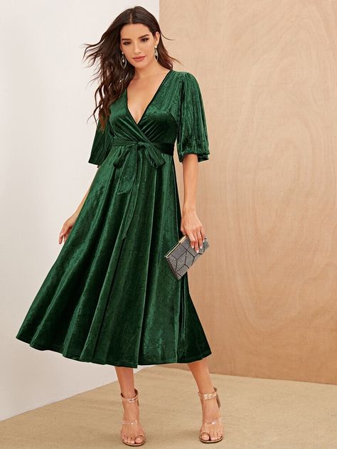 Pleated Sleeve Wrap Belted Velvet Dress | SHEIN USA Frocks For Women, Flowy Midi Dress, Frock For Women, Deep V Neck Dress, Fall Winter Dresses, Pleated Sleeves, Solid Dress, Tie Dress, Jeffrey Campbell