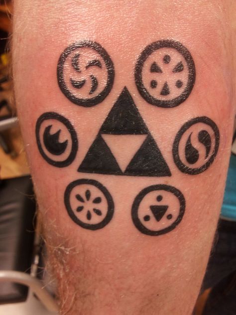 Zelda Tattoo Triforce OoT Sage Medallions by ~Krukmeister on deviantART Sage Tattoos, Elements Symbols, Nintendo Tattoo, Game Tattoo, Hylian Shield, Zelda Tattoo, Zelda Triforce, Tattoo Time, Tattoo Filler