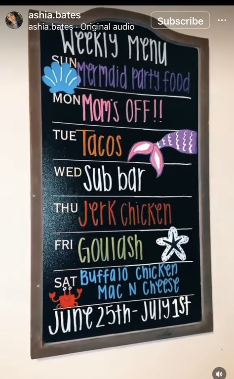 Weekly Dinner Board, Weekly Menu Boards, Mermaid Party Food, Menu Boards, Menu Board, Jerk Chicken, Weekly Menu, Chalk It Up, Goulash