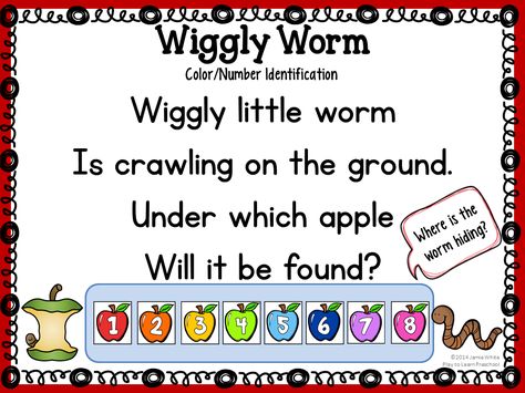 "Wiggly Worm" - fun circle time game to practice color and/or number identification |Play to Learn Preschool| Circle Time Games, Play To Learn Preschool, Preschool Apple Theme, September Preschool, Hello Song, Apple Lessons, Circle Time Songs, Apple Preschool, Circle Time Activities