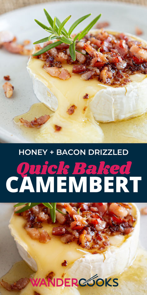 Camembert wheel oozing with soft cheese and topped with rosemary, honey and bacon. Recipes With Camembert Cheese, Camembert Recipe, Baked Camembert Recipe, Cheese Aesthetic, Camembert Recipes, Baked Camembert, Baking With Honey, Quick Easy Snacks, Christmas Food Dinner