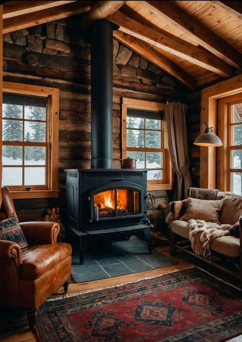 Cozy Living Room With Wood Stove, Log Cabin Living Room Ideas Rustic, Alaska House Interior, Cabin Renovation Ideas, Vintage Cabin Aesthetic, Old Cabin Interior, Small Cabin Living Room, Cabin Living Room Ideas, Antique Room Aesthetic