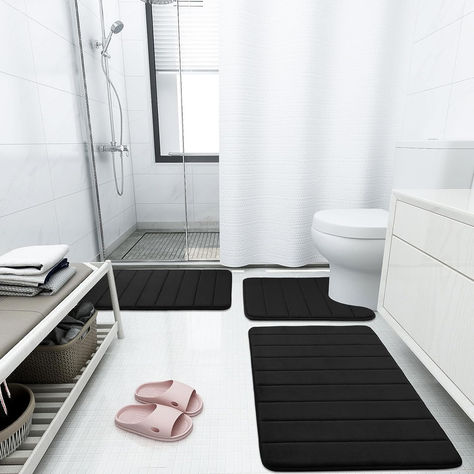 Buganda Memory Foam Bath Mat Rug, Ultra Soft and Non-Slip Bathroom Rugs, Water Absorbent and Machine Washable Bath Rug for Bathroom, Shower, and Tub, 24" x 16", Blac #dorm Bathroom Shower And Tub, Bath Runner Rugs, Rug For Bathroom, Waterproof Bathroom, Toilet Rug, Bathroom Floor Mat, Bath Rugs Sets, Foam Bath, Bath Mat Rug