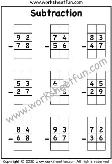 2 Digit Subtraction With Regrouping – Borrowing – Four Worksheets / FREE Printable Worksheets – Worksheetfun Addition No Regrouping, 2 Digit Subtraction With Regrouping, Addition Regrouping, Subtraction With Regrouping Worksheets, Regrouping Addition, Math Subtraction Worksheets, Coloring Worksheets For Kindergarten, Regrouping Subtraction, First Grade Math Worksheets