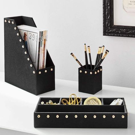 Black Gold Studded Fabric Desk Accessories, Set of 3. Desk organization luxe look glam desk organizers adorned with stylish studs. Magazine stand, pencil holder & 5-compartment tray. #studded #deskorganization #luxe #glamdecor #magazinerack #pencilholder #penholder #deskcaddy #officeorganization #ad #deskdecor Black And Gold Desk Accessories, Glam Desk, Diy Organizers, Gold Desk Accessories, Pottery Barn Kids Backpack, Magazine Stand, Girls Bedroom Furniture, Gold Desk, Decor Pottery