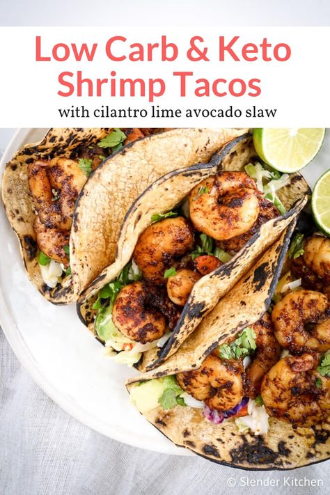 Lake Meals, Chipotle Shrimp Tacos, Slaw For Shrimp Tacos, Shrimp Tacos Easy, Lime Slaw, Chipotle Shrimp, Spicy Shrimp Tacos, Shrimp Taco Recipes, Slender Kitchen