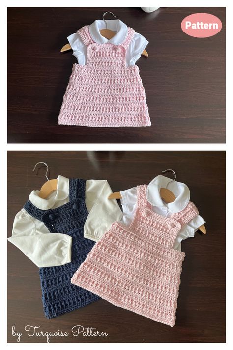 Dolls Knitted Pinafore Dress, Crochet Pattern Toddler Dress, Crochet Pinafore Dress Pattern Free, Free Knitting Patterns For Toddlers, Newborn Crochet Patterns Free, Daisy Clothes, Baby Pinafore Dress, Pinafore Dress Pattern, Crochet Baby Dress Free Pattern