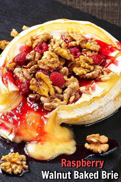 Walnut Raspberry Baked Brie - The Kitchen Magpie Brie Baked, Brie Appetizer, Easter Food Appetizers, Grape Jelly Meatballs, Brie Recipes, Pork Schnitzel, Easy Holiday Recipes, Quick And Easy Appetizers, Cheese Balls