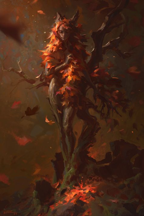 D&d Dryad, Fantasy Dryad Art, Fire Dryad, Autumn Character Art, Autumn Concept Art, Eladrin Elf Autumn, Fall Eladrin, Tree People Art, Evil Dryad