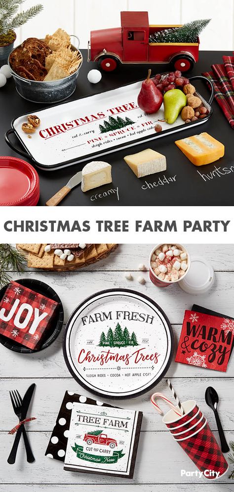 Christmas Tree Farm Party, Christmas Tree Farm Table Decor, Christmas Tree Farm Theme Decor, Farm Table Decor, Christmas Theme Party, Hot Spiced Cider, Appetizer Buffet, Christmas Cookie Party, Barn Christmas