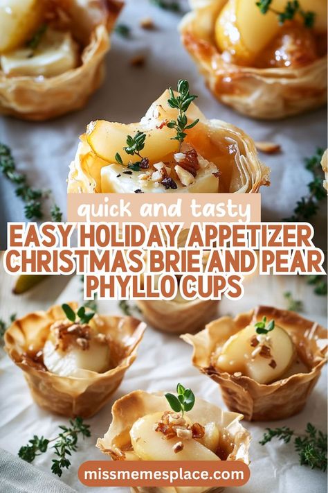 Looking for an easy yet impressive holiday appetizer? These Christmas Brie and Pear Phyllo Cups are your answer! With just a few ingredients like creamy Brie, fresh pears, and flaky phyllo dough, you can whip up a batch of these delightful bites in no time. The combination of textures and flavors will have your guests raving about this beautiful, festive treat. Bake them until golden brown and serve warm for the best experience during your holiday festivities! Christmas Brie, Brie And Pear, Appetizer Christmas, Holiday Appetizers Christmas, Phyllo Dough Recipes, Phyllo Recipes, Baked Brie Recipes, Brie Appetizer, Phyllo Cups