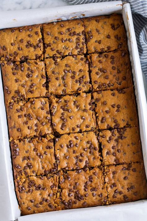 Pumpkin Chocolate Chip Bars Pumpkin Bread Bars, Pumpkin Chocolate Chip Squares, Pumpkin Chocolate Chip Blondies, Fall Bar Cookie Recipes, Pumpkin Chocolate Chip Recipes, Pumpkin Chocolate Desserts, Pumpkin Chocolate Dessert, Ski Snacks, Moist Pumpkin Bars