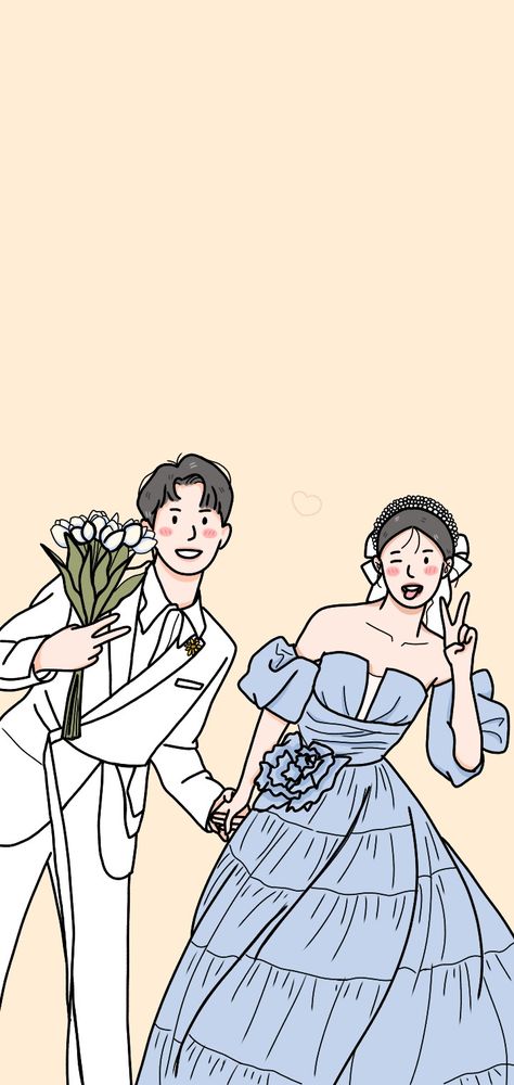 Korean Wedding Illustration, Wedding Cartoon Illustration, Wedding Illustration Drawings, Bride And Groom Cartoon, Wedding Couple Cartoon, Korean Illustration, Wedding Artwork, Wedding Drawing, Cute Birthday Pictures