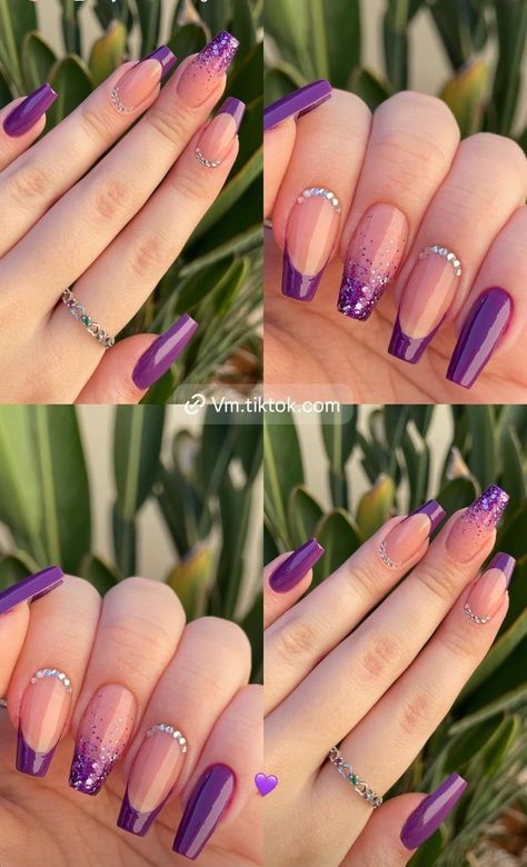 Purple Nail Designs Birthday, Purple Bridesmaid Nails, Dark Purple Homecoming Nails, Nail Designs Dark Purple, Purple Prom Nails Acrylics, Purple And Silver Nails Acrylic, Dark Purple And Silver Nails, Cute Purple Nail Designs, Purple Nails Square