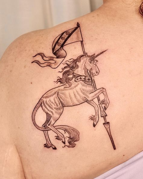 Unicorn Appreciation Post ✨ A unicorn bearing Alison’s family crest, and a rogue Scottish unicorn for Sarah! Thank you both so much for coming in and getting these magical designs 🥰 #unicorn #unicorntattoo #emiscape #horsetattoo #medievaltattoo #medieval #goldcoasttattoo goldcoasttattooartist #brisbanetattoo #brisbanetattooartist #medievaltapestry #artistsguild #renfaire #renaissance #renaissancetattoo Arthurian Legend Tattoo, Arthurian Tattoo, Carousel Horse Tattoos, Scottish Unicorn, Medieval Unicorn, Brisbane Tattoo, Unicorn Tattoo, Medieval Tattoo, Unicorn Tattoos