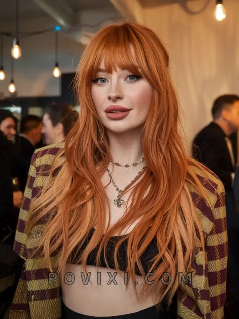 Ginger Hair With Orange Highlights, Red Hair For Fair Skin, Ginger Red Hair With Blonde Highlights, Short Bob Bangs, Red Hair With Blonde, Straight Red Hair, Blonde Highlights Ideas, Fire Red Hair, Subtle Blonde