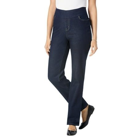 Woman Within Women's Plus Size Flex-Fit Pull-On Straight-Leg Jean Jeans.These easy pull-on jeans are designed with a full flat-elastic waistband that lays smooth on the waist, and a mock fly lays flat under all your favorite tops and tunics. Youll love the easy and soft stretch denim that fits to your body while still feeling slightly relaxed. Finished with flat front pockets and back pockets. Sits slightly above the waist Regular: 30" inseamPetite: 28" inseamTall : 34" inseamCotton/poly/spandex Indigo Clothing, Most Comfortable Jeans, Plus Size Petite, Pull On Jeans, Woman Within, Straight Leg Denim, Relaxed Fit Jeans, Best Jeans, Dressy Tops