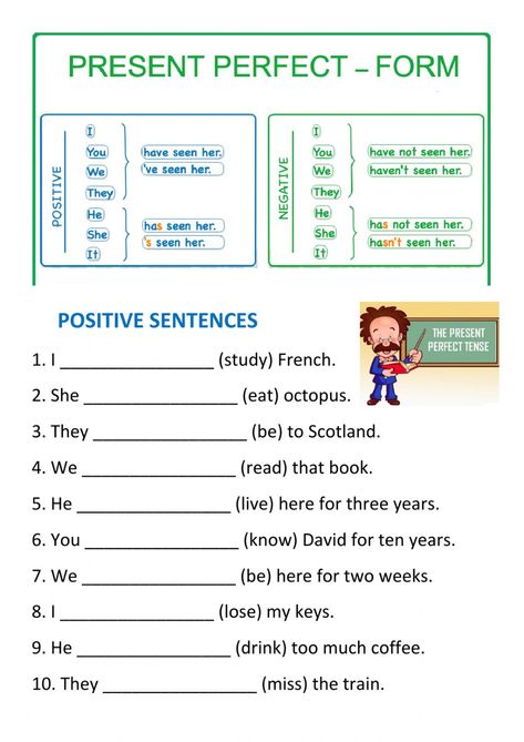 Present Perfect Simple - positive and negative worksheet Perfect Present Tense, Present Perfect Worksheets Grammar, Present Perfect Tense Worksheets, Present Perfect Negative, Present Perfect Worksheets, Present Perfect Form, Present Perfect Simple, Tense Worksheet, Present Perfect Tense