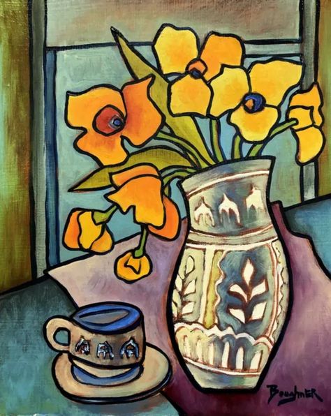 Cubism Still Life, Flowers In Pot Painting Acrylic, Cubism Naturmort, Cubism Flower Art, Cubism Still Life Painting, Botanical Collage, Flower Line Drawings, Whimsical Paintings, Plant Painting