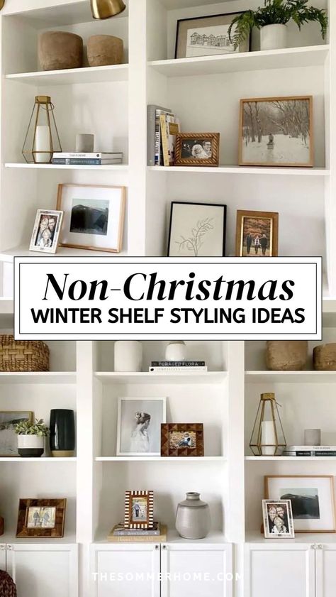 Embrace the beauty of winter with stunning Non Christmas Winter Decor Ideas for A Bookshelf. This guide provides valuable Home Decor Tips to help you achieve eye-catching Shelf Styling that highlights the season’s charm. Learn how to mix and match elements to create a cozy and inviting atmosphere perfect for curling up with a good book. Built In Bookshelves Decor, Non Christmas Winter Decor, Shelf Styling Ideas, Christmas Winter Decor, Winter Decor Ideas, Cozy Textiles, Bookshelf Home, Winter Aesthetics, Bookshelves Decor