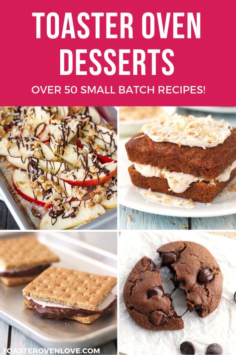 Satisfy your sweet tooth with these EASY toaster oven dessert recipes. Indulge in a small batch of Cookies, tempting Mini Carrot Cake, or gooey Indoor S’mores. You’ll even find a few healthy options! #toasteroven #dessert #dessertfortwo #cookies #smores Convection Oven Desserts, Mini Toaster Oven Recipes, Cuisinart Airfryer Toaster Oven Recipes, Gluten Free Toaster Oven Recipes, Easy Toaster Oven Desserts, Baking In Toaster Oven, Toaster Oven Cake Recipes, Air Fryer Toaster Oven Recipes Easy, Toaster Oven Brownies