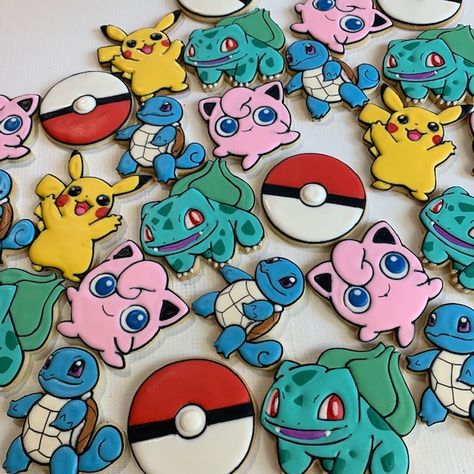 Pokémon Sugar Cookies, Pokemon Sugar Cookies, Pokemon Cookies, Pokemon Cupcakes, Pokemon Birthday Cake, Pokémon Birthday, Pikachu Cake, Cookie Recipes Decorating, Pokémon Party