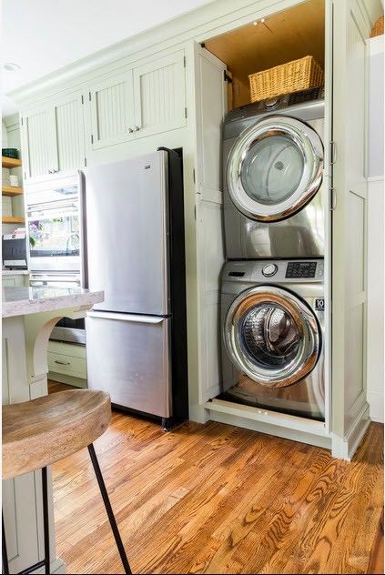 65 Best Ideas To Place Washing Machine In The Kitchen - Gravetics Kitchen Washer And Dryer Ideas, Kitchen Laundry Combo Layout Small, Kitchen With Laundry Area Small, Laundry In Kitchen Ideas Layout, Hidden Laundry In Kitchen, Laundry In Kitchen Ideas, Washer And Dryer In Kitchen, Laundry In Kitchen, Modern Vintage Kitchen