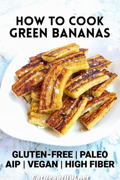 How to Cook Green Bananas shares how to make the world's best grain-free carb! This under-discovered savory treat makes amazing Green Banana Fries (recipe included!) or is a great addition to soups and stews. SO easy, nourishing and delicious. | how to cook green bananas | green bananas | green banana fries | paleo | aip | vegan | gluten free Recipes With Green Bananas, Fried Green Bananas, Green Bananas Recipe, Green Banana Flour Recipes, Green Banana Recipes, Banana Fries, Green Plantain Recipes, Banana Calories, Aip Vegan