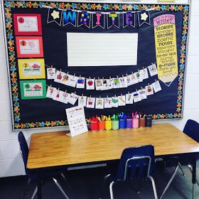 I am so excited to share my writing center with you today! I only have 3 real bulletin boards in my room and I devote one entirel... Kindergarten Writing Wall Display, Writing Stations Kindergarten, Art Center Kindergarten Setup, Kindergarten Writing Center Setup Ideas, Writing Center Bulletin Board Preschool, Writing Bulletin Boards Kindergarten, Kindergarten Writing Bulletin Board, 1st Grade Writing Bulletin Board, Writing Center Preschool Setup