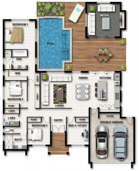 Floor Plan Friday: Separate media room plus pool Houses Bloxburg, Pelan Rumah, Pool House Plans, Floor Bloxburg, Bloxburg Room, Casas The Sims 4, Home Design Floor Plans, Sims House Plans, House Construction Plan