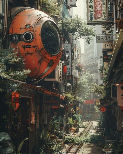 Overgrown future Inner City Aesthetic, Cyberpunk Cottagecore, Overgrown Cyberpunk, Overgrown Steampunk, Cyberpunk Nature, Bd Background, Overgrown Aesthetic, Dystopia Aesthetic, Overgrown City