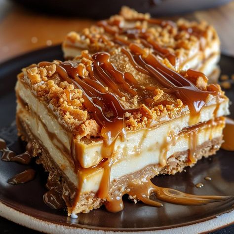 🍰 Sweeten your day with Caramel Cheesecake Bars! Perfect blend of creamy cheesecake and gooey caramel. #CheesecakeDelight 🍽️ Caramel Cheesecake Bars 🛒 Ingredients: 200g graham crackers, crushed 100g butter, melted 300g cream cheese 100g sugar 2 eggs 1 tsp vanilla extract 200g caramel sauce 👩‍🍳 Instructions: Base: Mix graham crackers and butter, press into a pan. Cheesecake: Blend cream cheese, sugar, eggs, vanilla, and pour over base. Bake: At 175°C for 25 minutes. Top: Drizzle with caram... Pan Cheesecake, Caramel Cheesecake Bars, Sweet Bars, Gooey Caramel, Bread Shop, Instagram Recipes, Caramel Desserts, Twisted Recipes, Dessert Bar Recipe