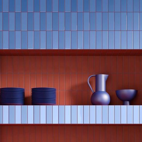 Tekla Evelina Severin on Instagram: "BLUES and RED BROWNS Färgblock (teklan tile edition) - now available in matte finish as well; to be seen at @quintessenzaceramiche ‘s 10 year anniversary retrospective exhibition called REFLECTION at @cersaie (that celebrates 40 years) this week 1. Mixed gloss and matte ’Cielo’ blue and matte Canella ..and so on Image 1,3 and 4 art direction: @quintessenzaceramiche , 3D visualisation art: @terzopianoimagestudio Image 2: art direction and photography @elod Blue Red Interior Design, Coloured Tiles Bathroom, Blue And Red Bathroom, Brown Color Mixing, Blue And Red Kitchen, Blue Colour Combinations, Retrospective Exhibition, Red Interior Design, Light Blue Bathroom