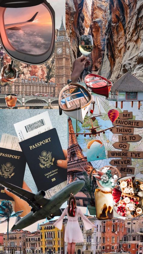 Traveling Mood Board, Usa Travel Aesthetic, Travelling Collage, World Map Aesthetic, Travel Aesthetic Wallpaper, Collage Travel, Vision Board Collage, Travel Collage, Vision Board Wallpaper