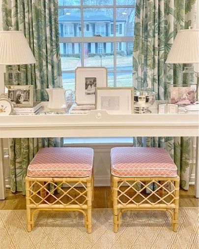 Grandmillenial Console Table, Grand Millennial Office, Chinoiserie Office, Foyer Styling, Entry Table Styling, Amy Studebaker Design, Amy Studebaker, Grandmillenial Style, Grand Millennial Style