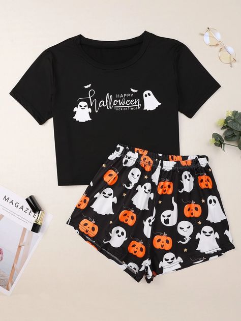 Slogan & Halloween Print Pajama Set | SHEIN USA Summer Pajamas Women, Summer Pajama Set, Pumpkin Skull, Cute Pjs, Halloween Pajamas, Cute Sleepwear, Cute Pajama Sets, Pajama Outfits, Short Sleeve Crop Top