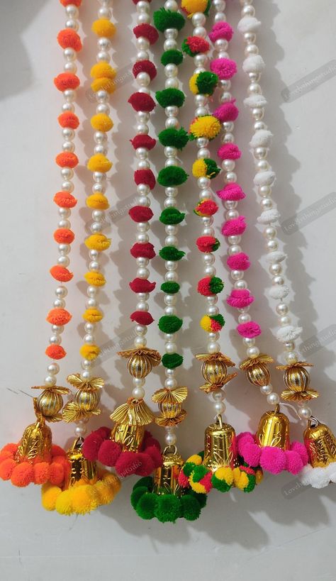 Latkan For Decoration, Handmade Door Hangings, Pom Pom Door Hanging, Door Hanging Decorations Indian Handmade, Mala For Diwali, Rajasthani Decoration, Haldi Platter, Door Curtains Diy, Hanging Door Beads