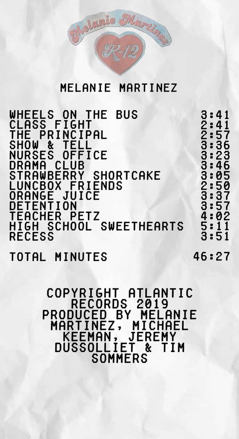 album receipt (K-12) K-12 Receipt, Receipt Music Posters, Life Support Album Receipt, Melanie Martinez Receipt, Album Receipts Aesthetic, Song Receipts, Spotify Receipt, Music Receipts, Music Receipt