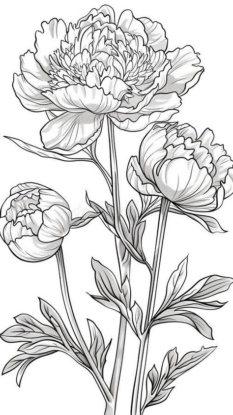 This printable coloring page features a detailed line drawing of a beautiful peony flower with three blooms and leaves. stock photography Peony Outline Tattoo, Peony Flower Outline, Peony Drawing, Leaves Photo, Flower Outline, Flower Theme, Outline Drawings, Pencil Art Drawings, Small Business Ideas