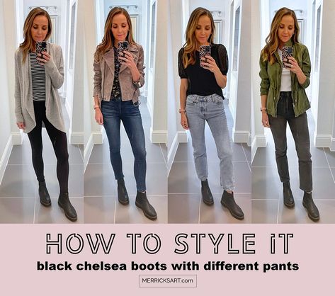 4 Ways to Wear the Black Chelsea Boots from the #NSale - Merrick's Art Black Chelsea Boots Outfit Women, Styling Chelsea Boots Women, Black Chelsea Boots Outfit, Brown Chelsea Boots Outfit, Chelsea Boots With Jeans, How To Style Chelsea Boots, Chelsea Boot Outfits Women, Chelsea Boot Outfit, Styling Chelsea Boots