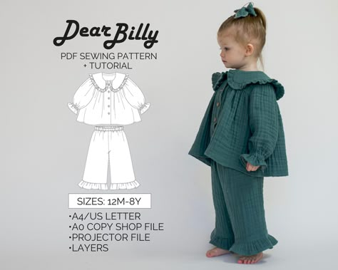 "This is a girls blouse and pants set bundle with a round ruffle collar and ruffled pants PDF Sewing Pattern (instant download) with Instructions. \"The Royal Set\" bundle pattern by DearBillyPatterns. This is a PDF Sewing Pattern (instant download) in sizes 12M-2Y-3Y-4Y-5Y-6Y-7Y-8Y. All sizes are included in your purchase. This is an intermediate skill level sewing pattern that requires prior sewing experience. If you have any questions while sewing-feel free to email us, we'll be more than hap Girls Pdf Sewing Patterns, Blouse And Pants, Pajama Lounge, Costura Diy, Couture Mode, Sewing Patterns For Kids, Diy Sewing Clothes, Sewing Pattern Sizes, Diy Couture