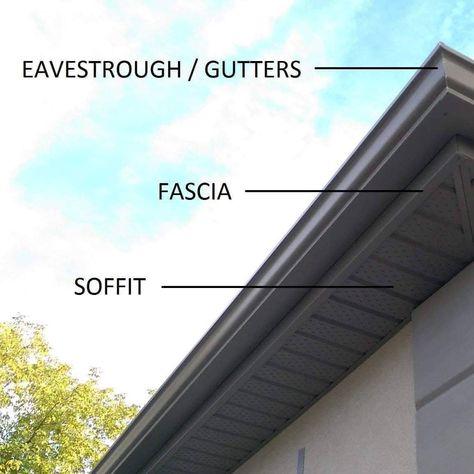 Soffit And Fascia Grey Soffit And Fascia, Black Fascia And Soffit, Soffit And Fascia, Roof Soffits, Dark Grey Houses, Master Addition, Gutter Protection, Exterior Finishes, Fascia Board