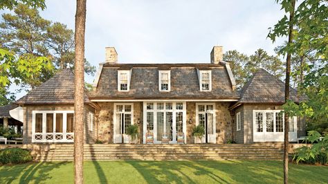 Welcoming Scale Bill Ingram, L Shaped House, Cedar Shingle Roof, Shingle Roof, Cottage Designs, Modern Lake House, Stone Exterior, Ranch Exterior, Southern Design