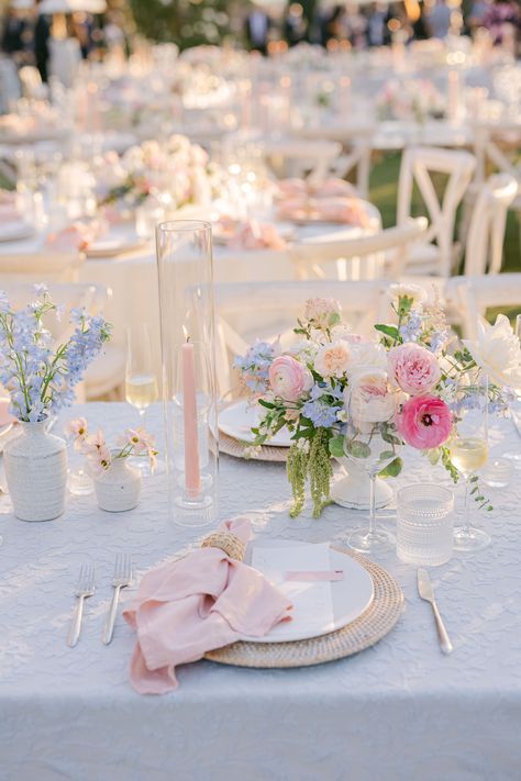 Pastel Wedding Flowers Centerpieces Table Arrangements, Bridgerton Pastel Wedding, Soft Pastel Wedding Flowers, Baby Pink Wedding Theme, Pink And White Wedding Theme, Pastel Wedding Centerpieces, Pastel Color Wedding, Spring Pastel Wedding, Spring Wedding Ceremony