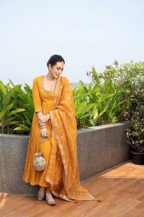 Ranbir Kapoor Wedding, Yellow Anarkali, Punit Balana, Karishma Kapoor, Mehendi Ceremony, Diwali Outfits, Ethnic Suit, Silk Anarkali, Wedding Wardrobe