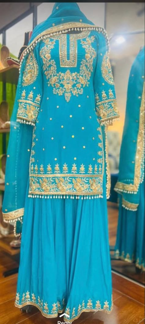 Garara Design, Punjabi Sharara Suits, Punjabi Wedding Dress, Latest Punjabi Suits, Fancy Dress Material, Layer Dresses, Suit Colors, Partywear Suits, Suit Punjabi