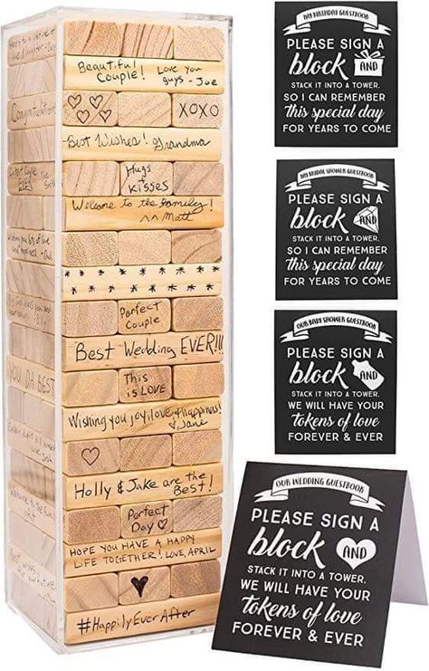 Wedding Guest Book Jenga Blocks, Jenga Guest Book Wedding Signs, Guests Book Ideas, Engagement Guest Book, Wedding Jenga Blocks, Wedding Guest Book Jenga, Guest Notes Ideas, Jenna Wedding Guest Book, Wedding Notes From Guests Ideas