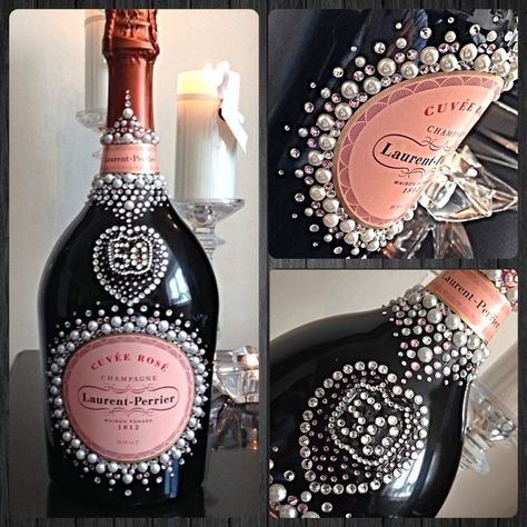 Laurent Perrier Rose with pearls, light rose and clear crystals for a 50th birthday celebration Rhinestone Wine Bottle, Rhinestone Champagne Bottle, Pearl Champagne Bottle, Decorated Champagne Bottles, Champagne Bottle Decoration, Alcohol Bottle Decorations, Glitter Champagne Bottles, Bedazzled Liquor Bottles, Bedazzled Bottle