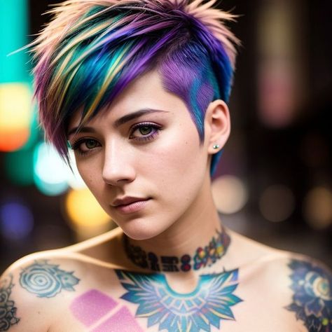 Get inspired by this colorful and shining hairstyle made with generative AI technology. Short Rainbow Hair, Funky Hair Colors, Rainbow Hair Color, Short Hair Pixie Cuts, Fantasy Hair, Funky Hairstyles, Cyberpunk Style, Perfect Brows, Short Pixie Haircuts