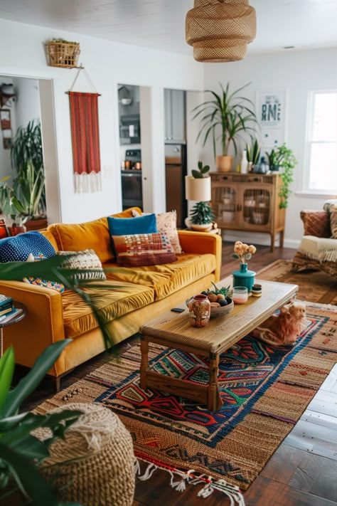 Boho Interiors Living Room, Retro Boho Living Room, Hippie Living Room Ideas, Midmod Boho, Modern Boho Interior Design, Boho Style Living Room, Nature Inspired Living Room, Hippie Living Room, Boho Modern Living Room